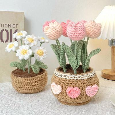 Crochet Tulip & Daisy Potted Bouquet Kit - Yarn Flowers & Ornaments