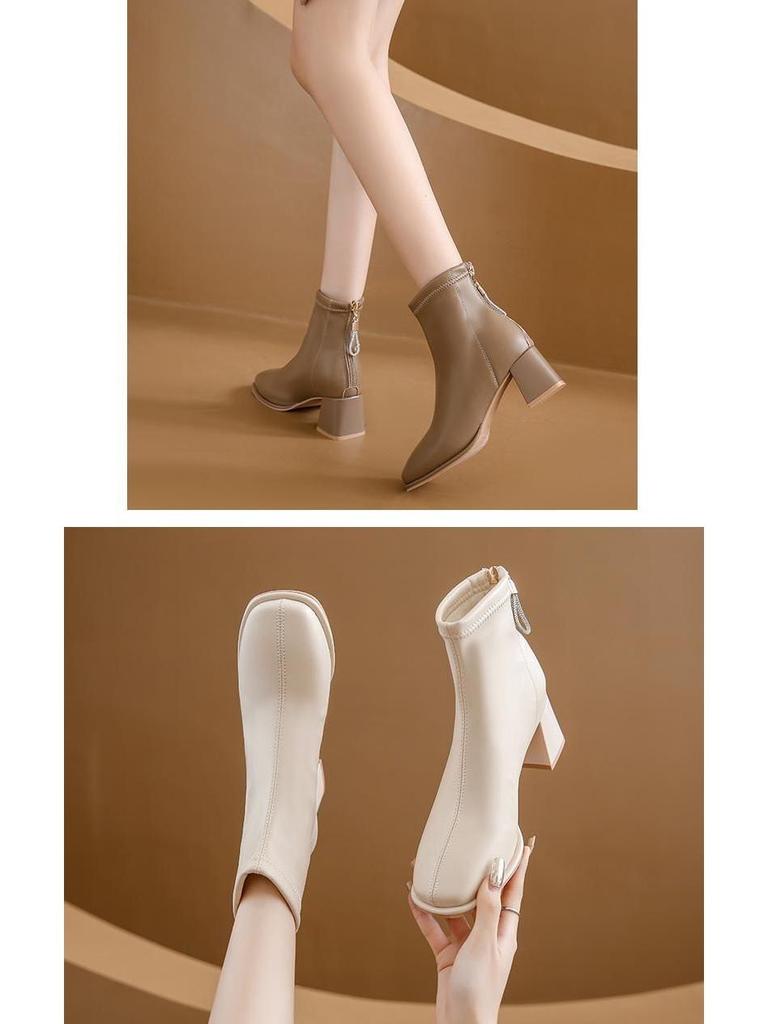 Women's Soft Leather Chunky Heel Square Toe Ankle Boots with Velvet, Autumn-Winter Versatile Slimming Style.