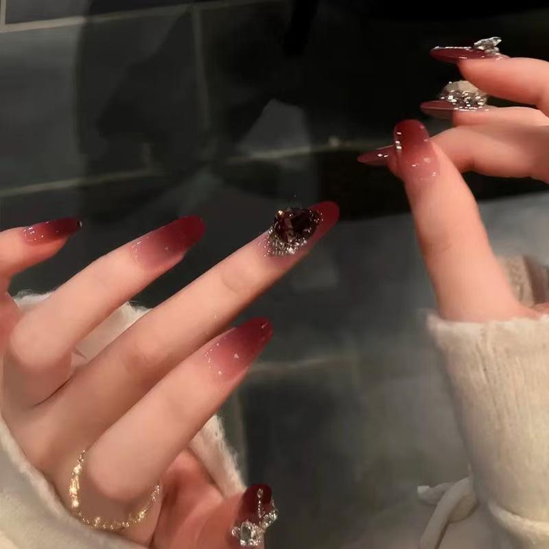 Dried Rose Gradient 3D Crystal Rhinestone Nails - Exquisite Whitening Cute Manicure