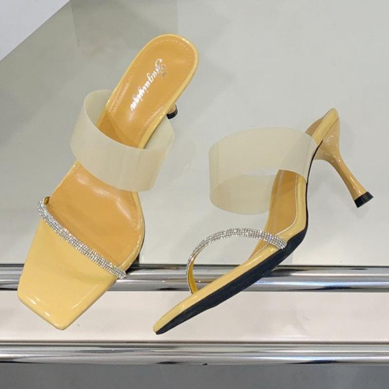 

Fashion Sweet Crystal Narrow Band Square Toe Design Brand Slipper Women Sexy Open Toe Transparent PVC Slide Sandals Sandali Donna Estivi 39 жёлтый