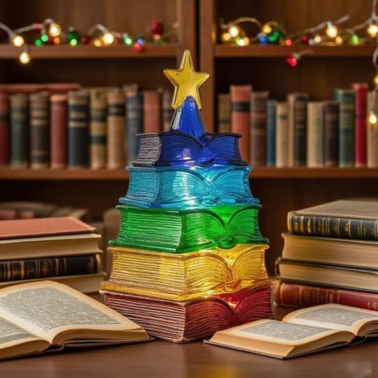 Multicolour Book Stack Ornament For Christmas Tree Stained Stacked Book Tree Shaped