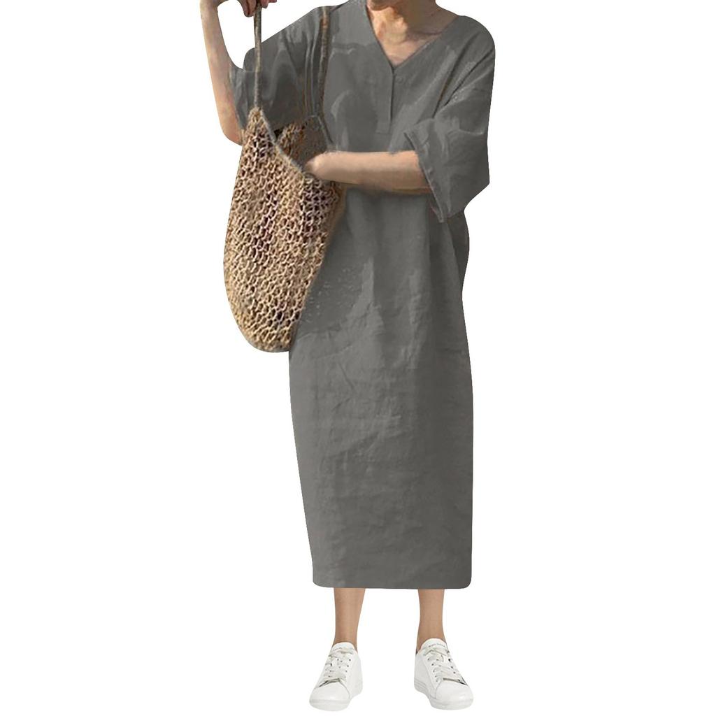 Ladies Summer New Fashion Casual Loose Short Sleeve V-neck Color Long Vest Dress