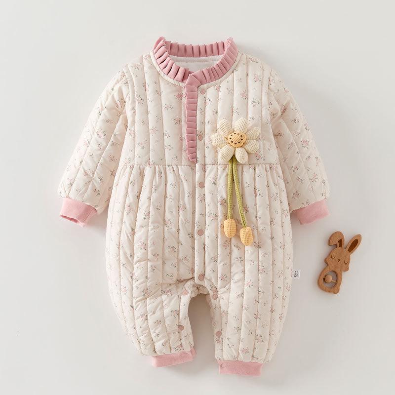 

Girls Floral Quilted Velvet Jumpsuit - Autumn/Winter Baby Princess Outerwear Size 73 (Suitable for 14-17 pounds)