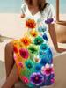Women's Floral Print V-Neck Short Sleeve Dress,Black Background with Multicolor Flowers,Casual Beach Dress