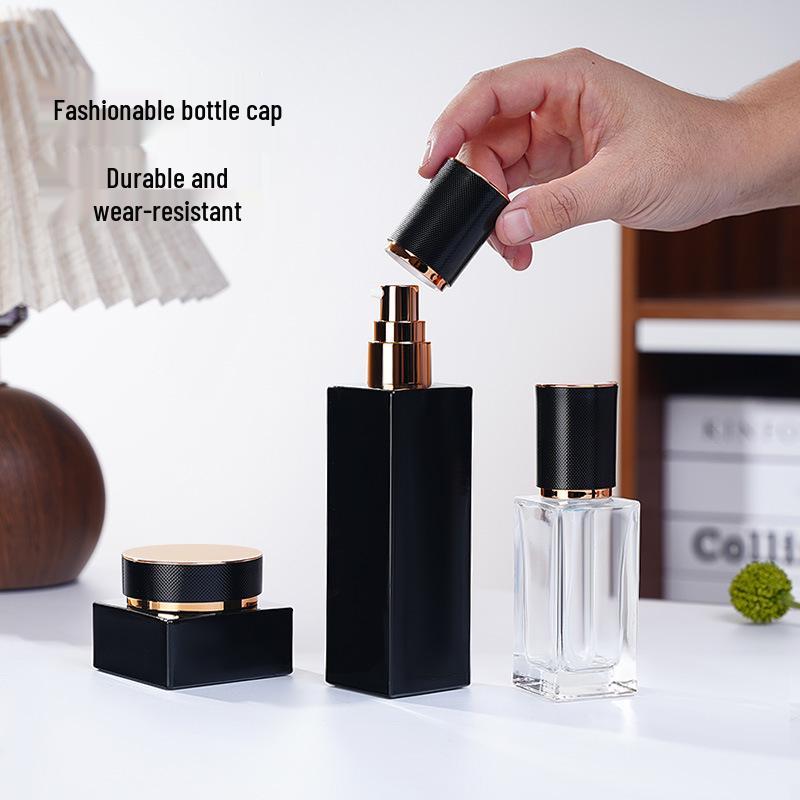 Press-Type Square Glass Skincare Bottle Set - Refillable for Lotion & Travel