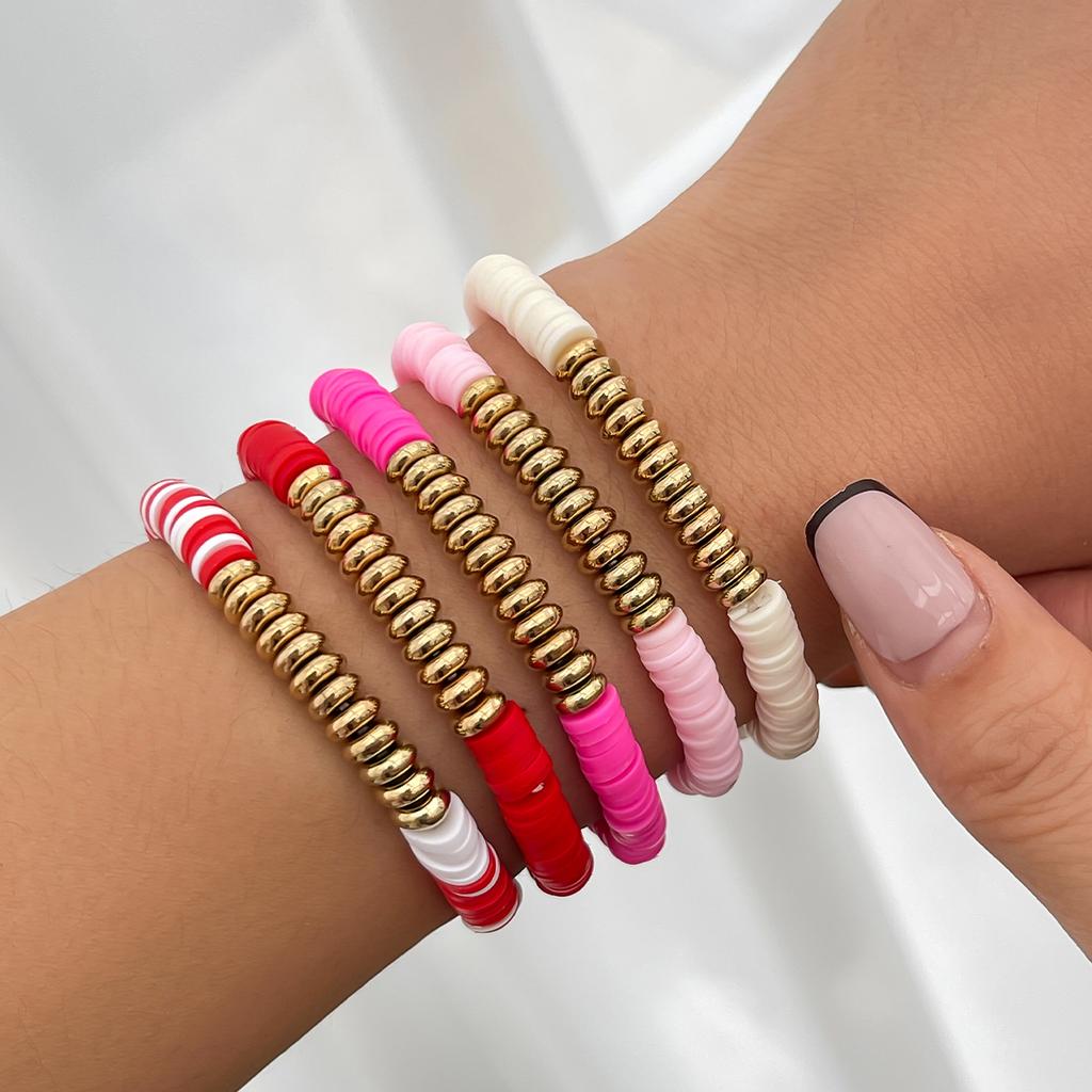 Salircon 5pcs/set Trendy Peach Heart Lips Charm Bracelet for Women Romantic Pink Red Soft Ceramic Bracelet Valentine's Day Gift