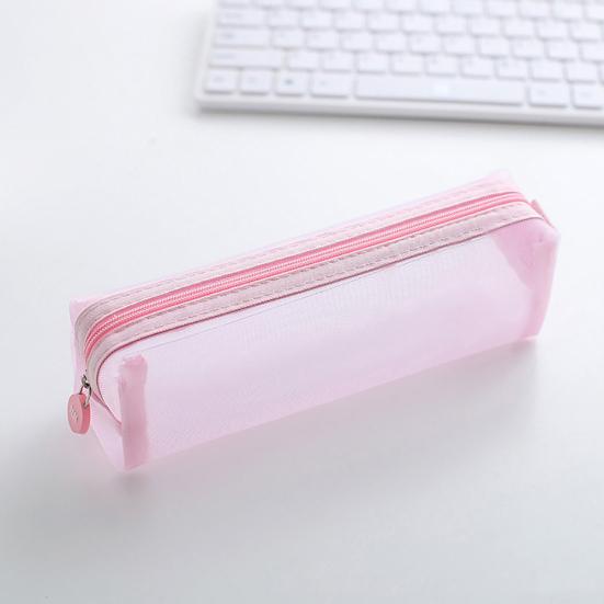 Solid Color Zipper Transparent Mesh Pencil Case Pen Storage Bag Student Gift