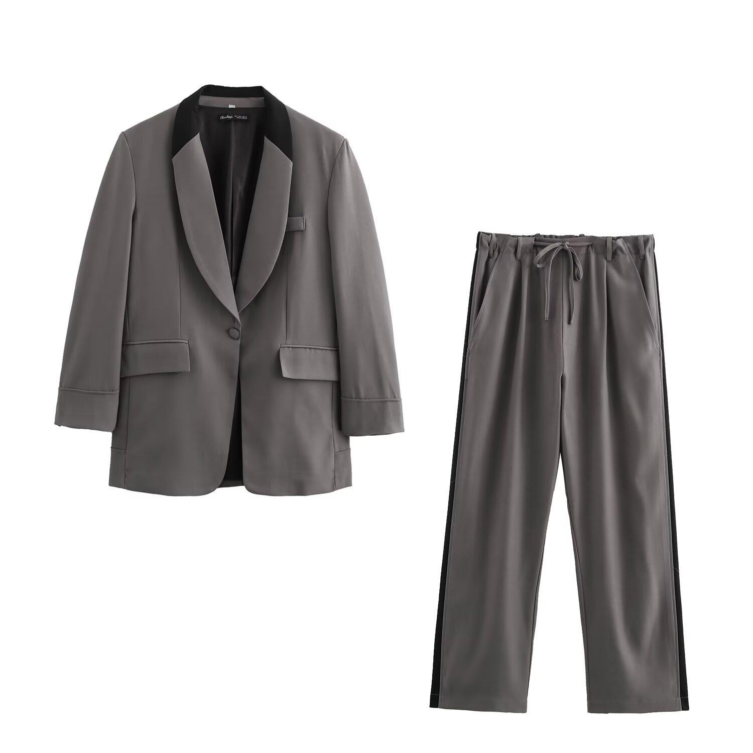 

2024 Autumn/Winter Women s Patchwork Suit Jacket & Straight-Leg Pants Set Extra Small