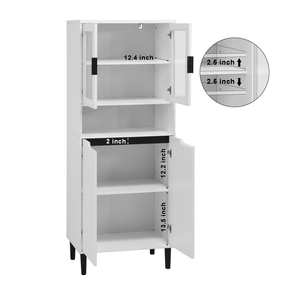 Tall Bookshelf with Tempered Glass Door and Adjustable Shelf, 4 Doors, Painted MDF Cabinet, White, Storage for Living Room and Bedroom