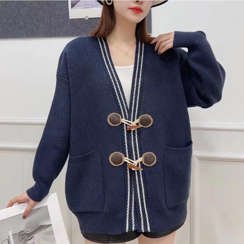 

DIMANAF Plus Size Winte 2023 Новый свободный ретро-стиль Сплошные пуговицы Свитер Кардиган Куртка Женский V-образный вырез синий