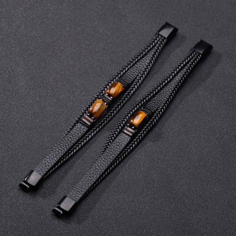 Mens Multi-Layer Leather Bracelet With Tigers Eye Stone Magnetic Clasp Geometric Style Unisex Jewelry