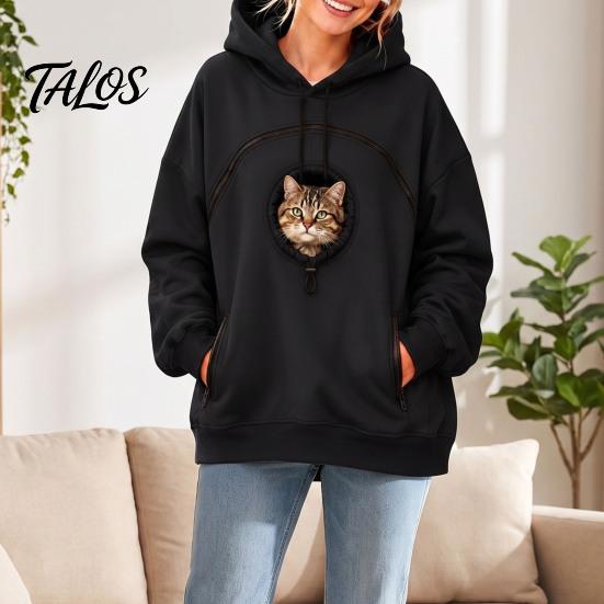 Oversized Women Hoodie Pet Pouch with Head Hole, Hooded Sweatshirt Casual Loose Fit Zipper Pockets, Dog Cat Carrying Pullover Top for Fall Winter Lady