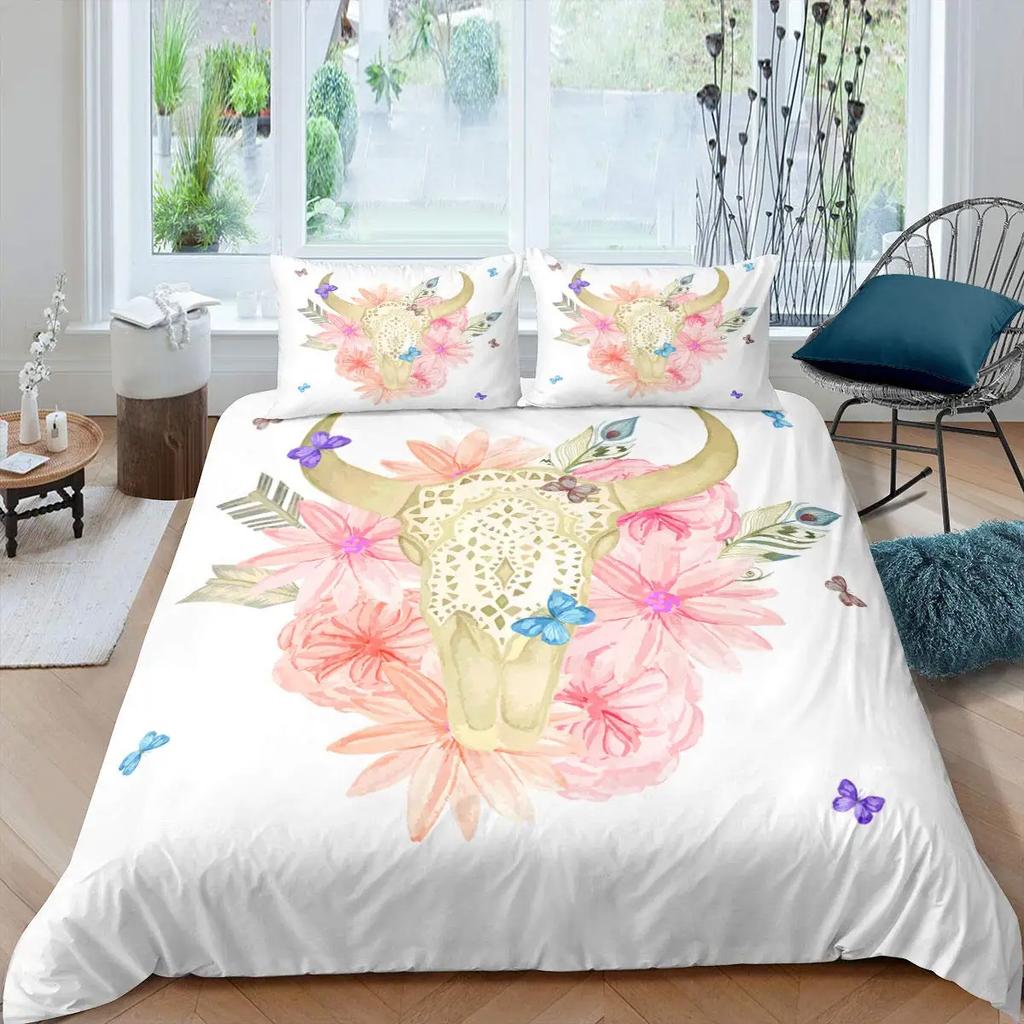 Bull Skull Duvet Cover Chic Feather Bedding Bohemian Exotic Branches Flower for Kids Teens Women Men Room Decoration Quilt Cover