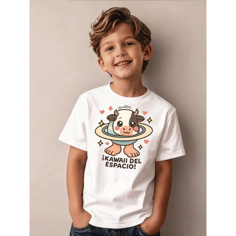 T-Shirt Boys Clothing Casual Trendy Space Cow Kawaii Heart Star Pattern Graphic Tee 110 белый