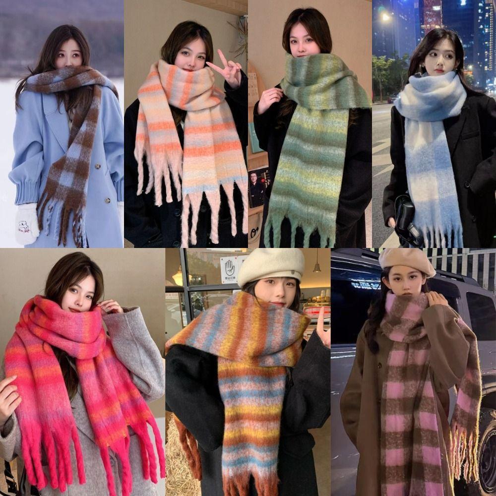 Stripe Pattern Long Tassel Scarves Soft Thickened Shawl Wrap Retro Winter Cashmere Scarf Women