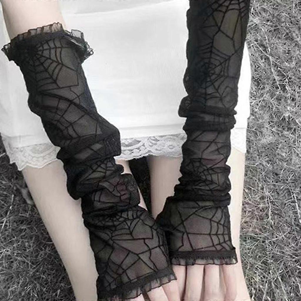 Elbow Length Mesh Lace Long Gloves Sheer Spider Web Gloves Halloween Gloves
