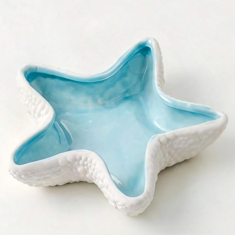 Starfish Jewelry Dish Ceramic Ring Holder Tray, Light Blue Catchall Holder for Vanity, Bathroom Counter, Bedside, and Dresser Storage