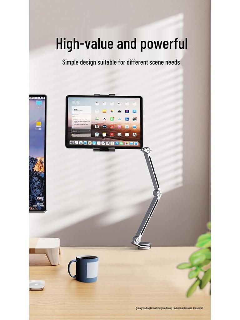 Aluminum Alloy Rotatable Tablet Stand with Mechanical Arm and Universal Metal Desktop Support.