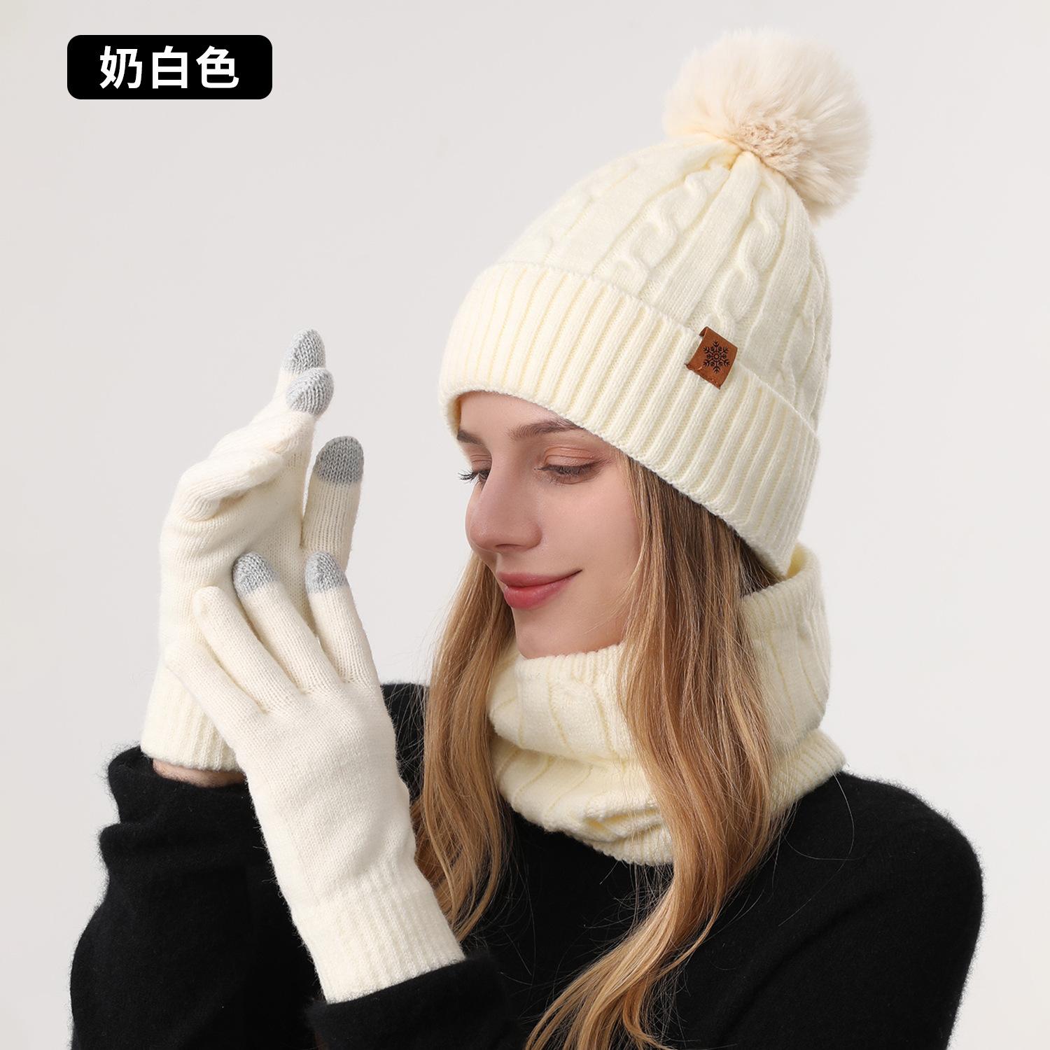 

Winter knitted hat, gloves hat, scarf three-piece set, winter women s outdoor riding double-layer knitted hat