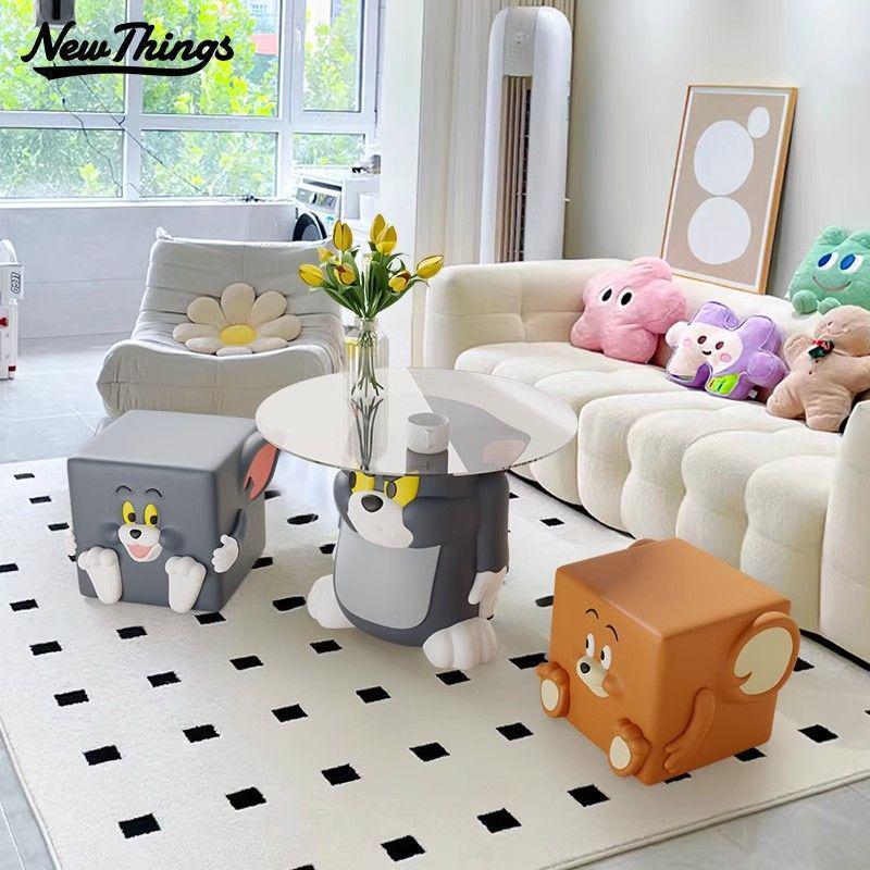 Tom & Jerry Cartoon Glass Side Table & Stool Set