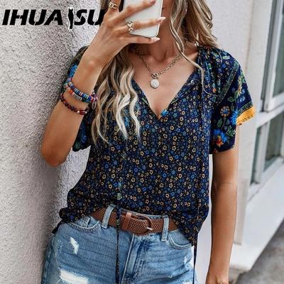 Women's Summer Casual Style Print V-neck Short-sleeved Loose Shirt
