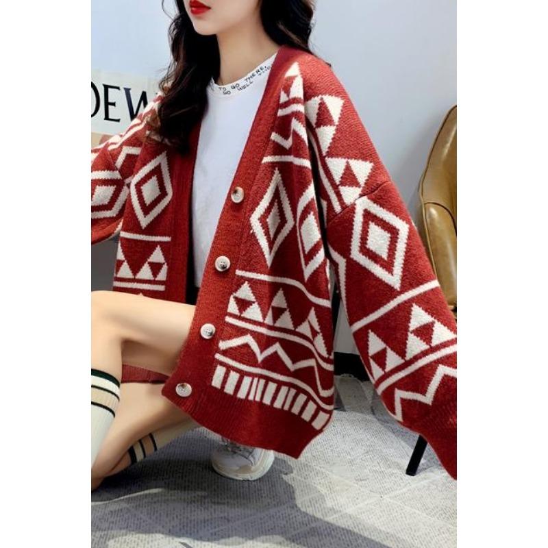 V Neck Knitted Cardigan Sweater Jacket Women's Spring Autumn Winter Long Sleeve Thickened Loose Outer Wear Coats Office Casual Simple Clothing