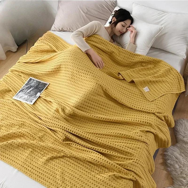 2024 Summer Waffle Plaid Cotton Bed Blanket Throw Thin Quilt Knitted Bedspread Home Hotel Coverlets Green Pink Throw Blankets