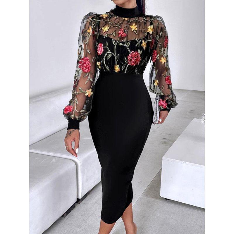 Rose Embroidery Mesh Patchwork Long Sleeve Temperament Elegant Dress Embroidered Mesh Dress