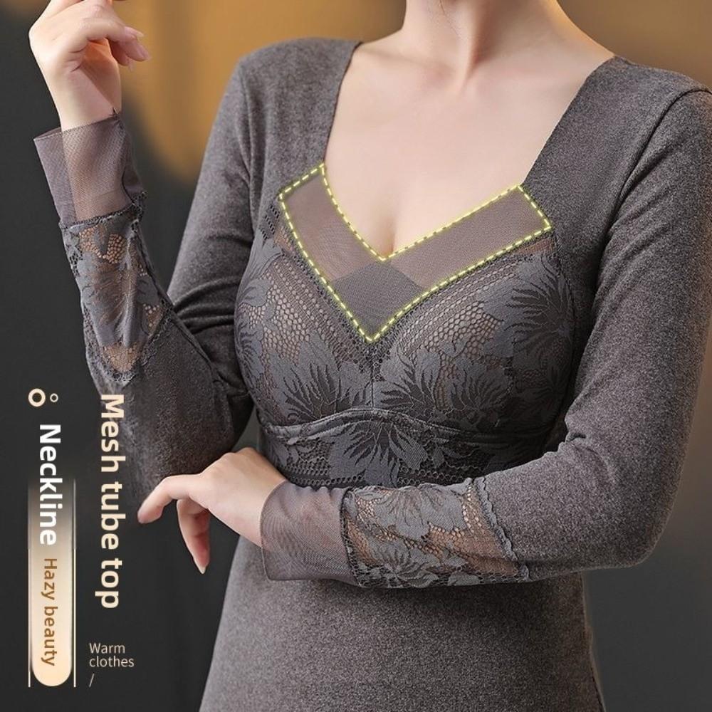 Lace Women Thermal Clothes Mesh V Neck Warmth Long Warm Top High Elastic Thermal Underwear  Lady