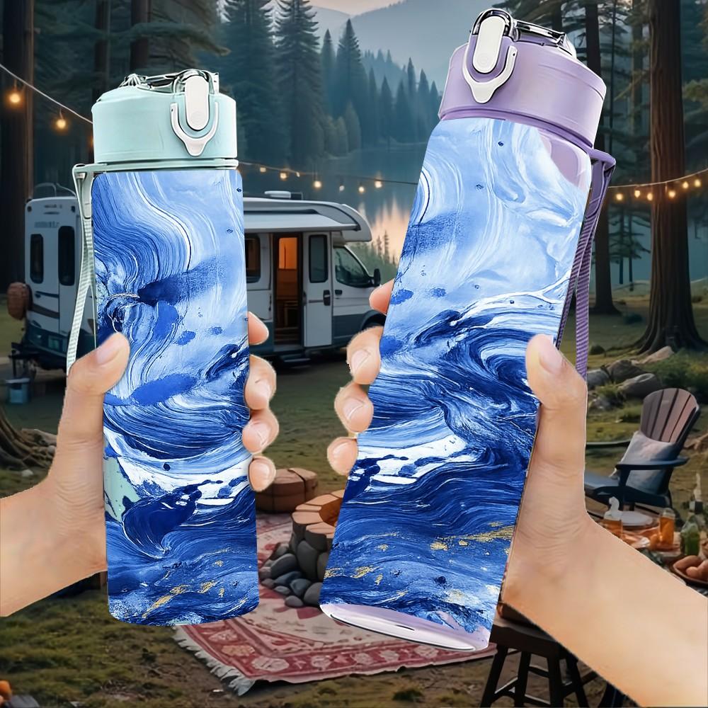 1PC Dark Blue Fluid Paint Pattern 750ml Color Plastic Sports Water Bottle Leakproof Flip Straw Lid Suitable for Sports Office Home Use