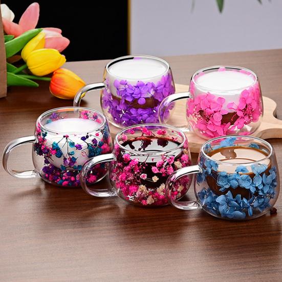 Doppelwandige Glas-Kaffeebecher Set mit 4 Stück Hochborosilikat Isolierbecher mit buntem Blütenblatt-Design für heiße und kalte Getränke Tee Latte Saft