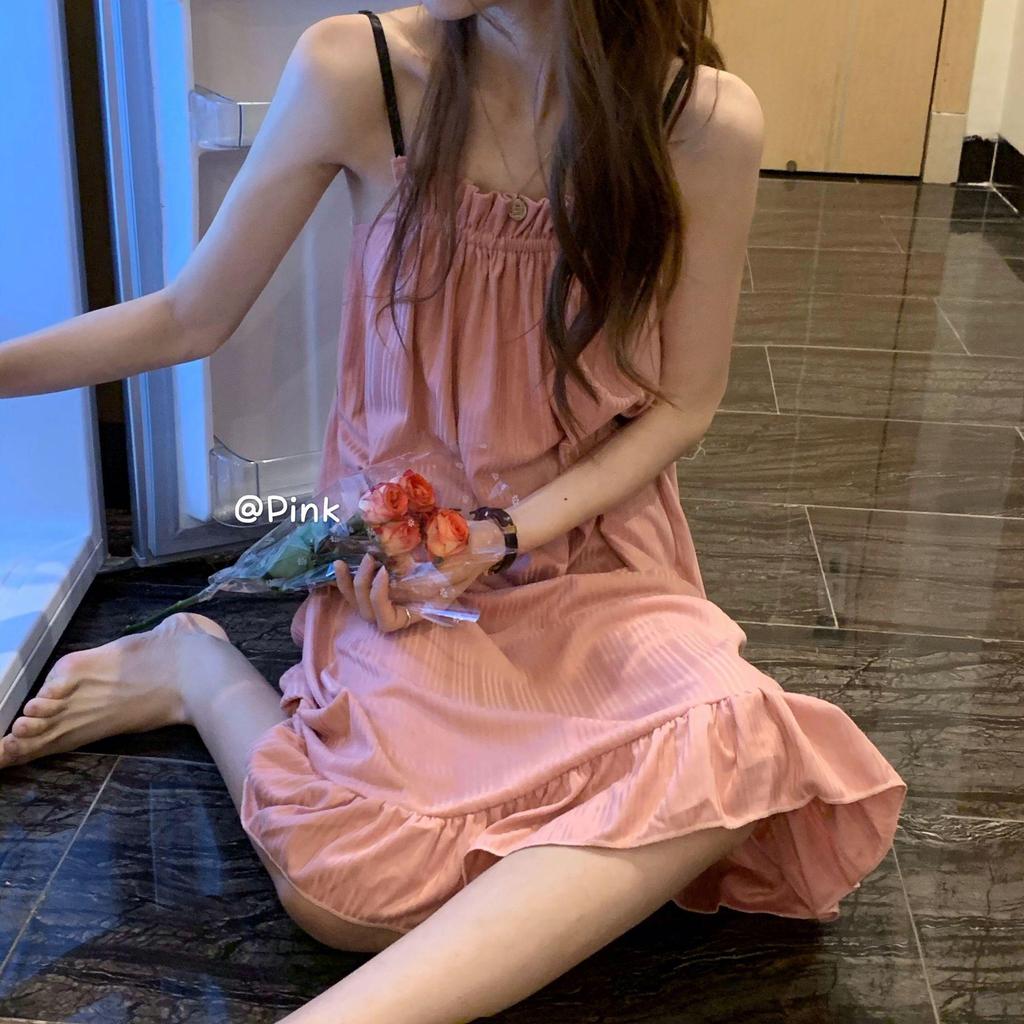 Summer Sweet Korean Style Pink Milk Silk Ribbed Camisole Pajamas for Women
