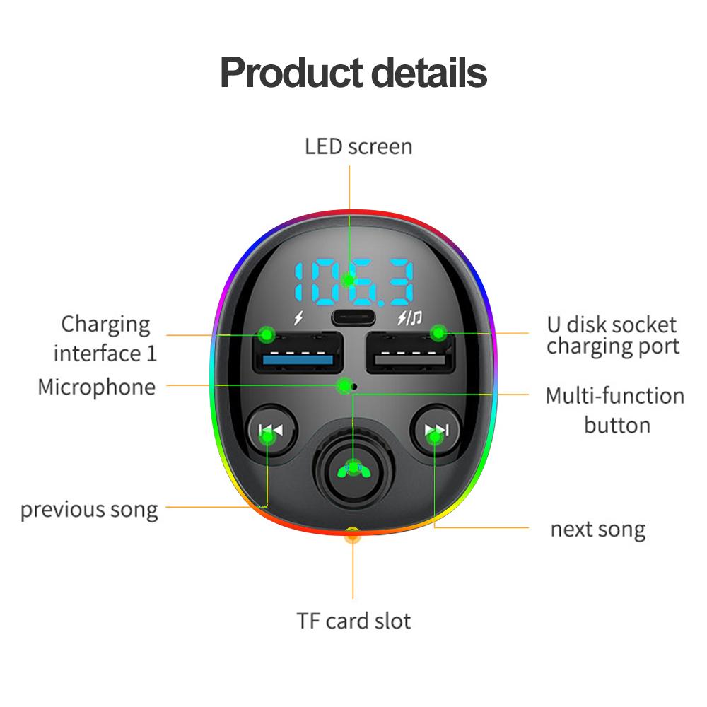 Bluetooth Car Dual USB Fast Charger FM Transmitter PD Type-C  Car Adapter Handsfree Radio Modulator MP3 Player Support TF card