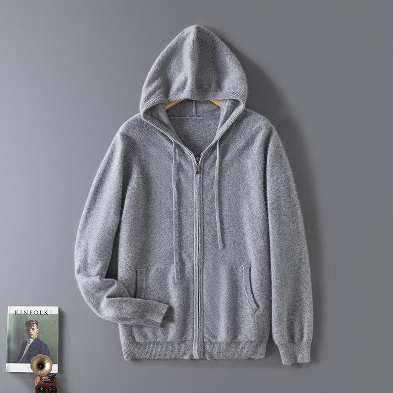 Men's Hooded Wool Cardigan - Solid Color, Zipper, Drawstring, Loose Fit Knitted Sweater Jacket