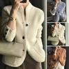 Lady Winter Coat Knitted Thickened Single-breasted Solid Color Pockets Stand Collar Warm Button Decor Cardigan Daily Wear Outdoor Sweater Jacket