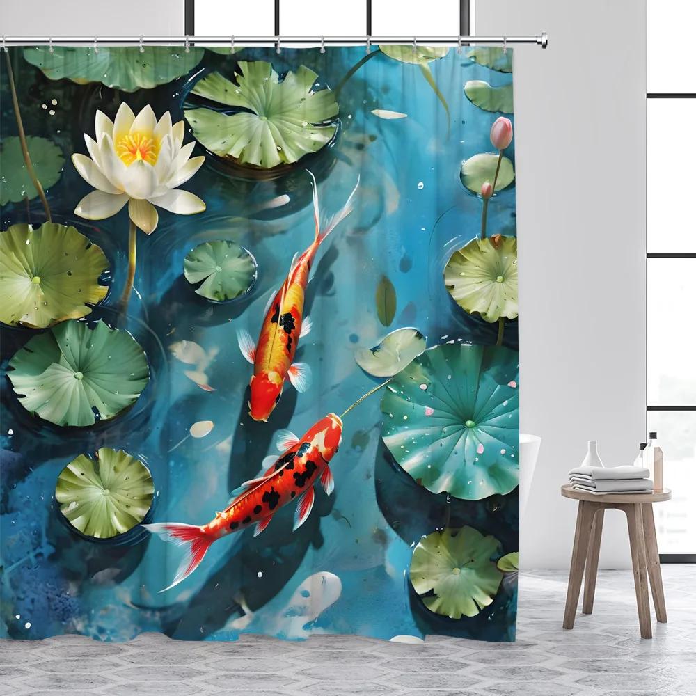 Japanese Style Koi Fish Shower Curtain White Lotus Green Leaves Lake Carp Floral Art Bathroom Decoration Polyester Bath Curtains