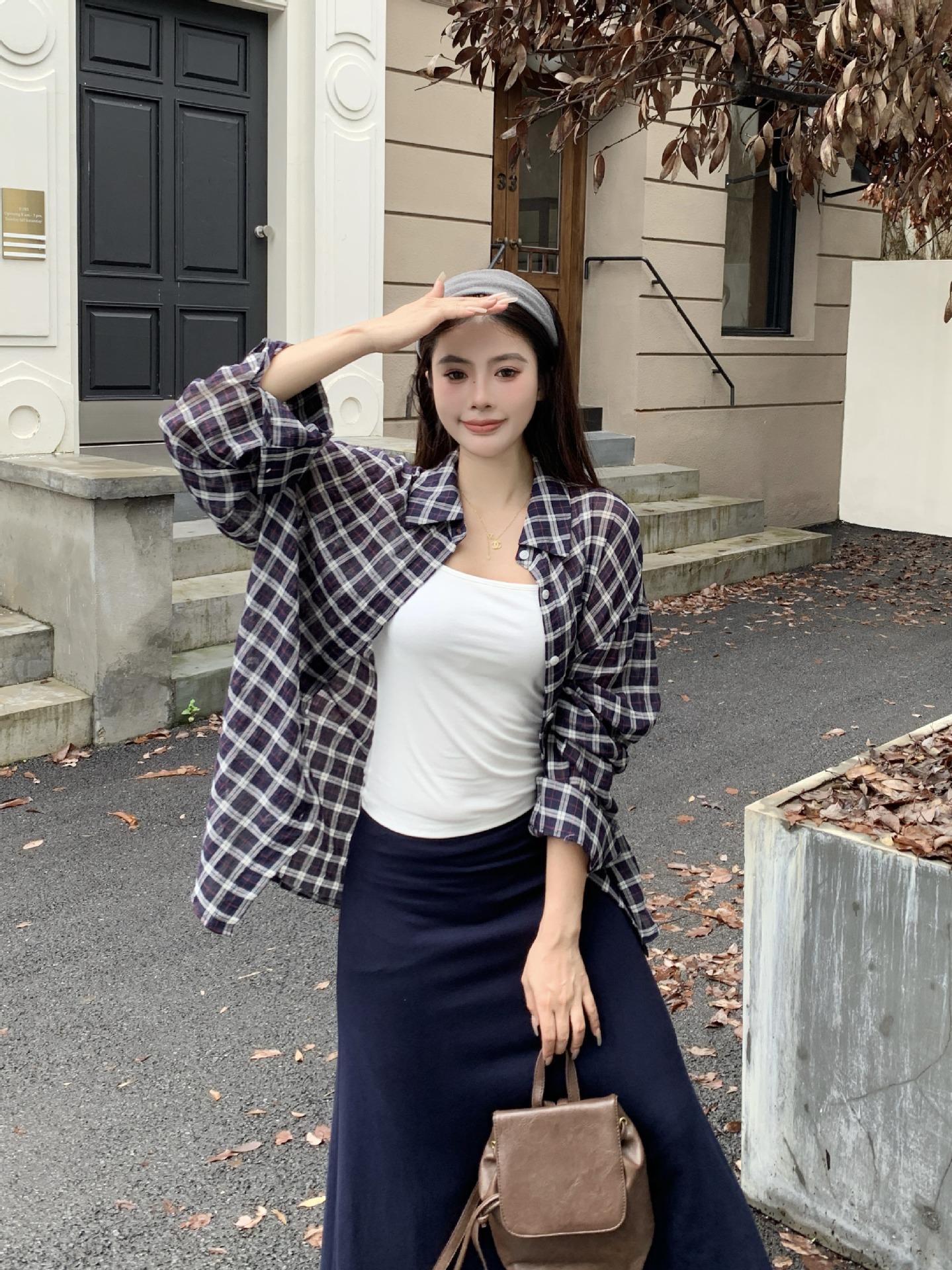 

Plus Size Women s Slimming Cami, Plaid Loose Long-Sleeve Shirt, and Fashion Skirt Set L