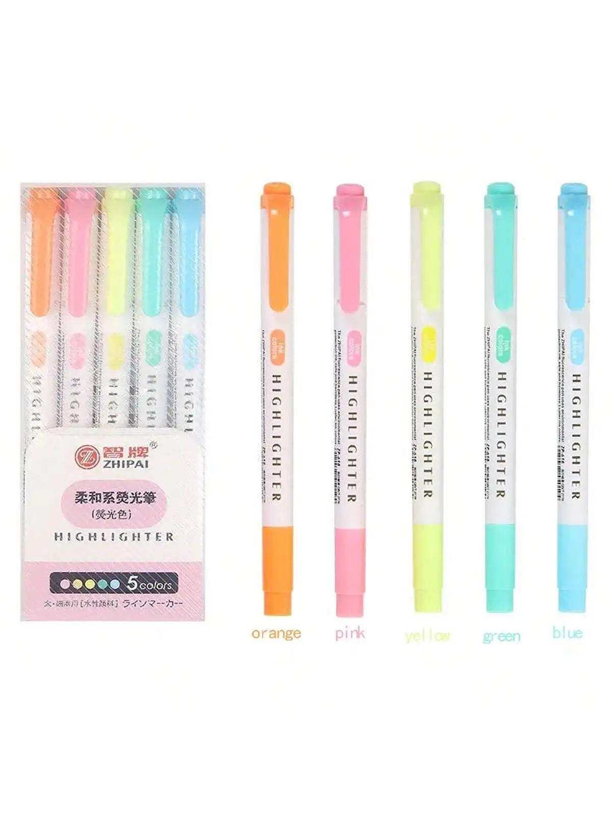 

5 шт. Хайлайтер с двумя наконечниками, школьные принадлежности, цветные ручки, маркеры для выделения, хайлайтер со скошенным наконечником, товары для школы разноцветный