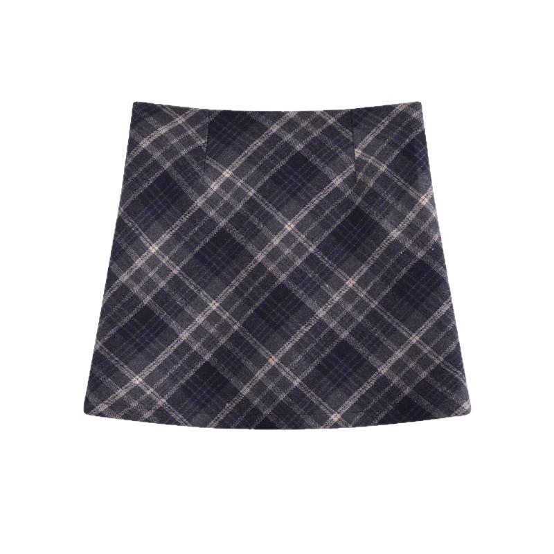 Damen Hochtaillierter Karierter Woll-Minirock - Retro A-Linie Wickelrock, Herbst/Winter Kollektion