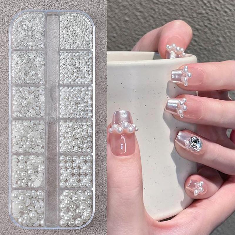 12Grids 3D Mixed White Pearls Nail Charms 0.15-0.5Mm Round/Semicircle Pearl Beads Nail Art Rhinestones Diy Manicure Accessories