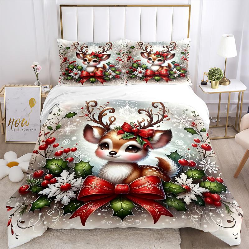 3pcs Christmas Deer Print Bedding Set (1 Cover + 2 Pillowcases, Without Inserts), This Printed Bedding Set is Soft and Comfortable, Suitable for