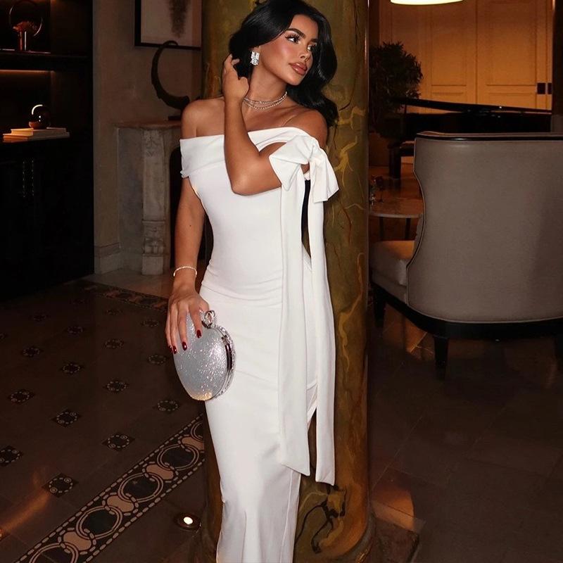 European and American Style Slim-fitting Elegant One-step Skirt One-word Collar Tube Top Lace-up Dress Fashionable Solid Color Women's Banquet Dress