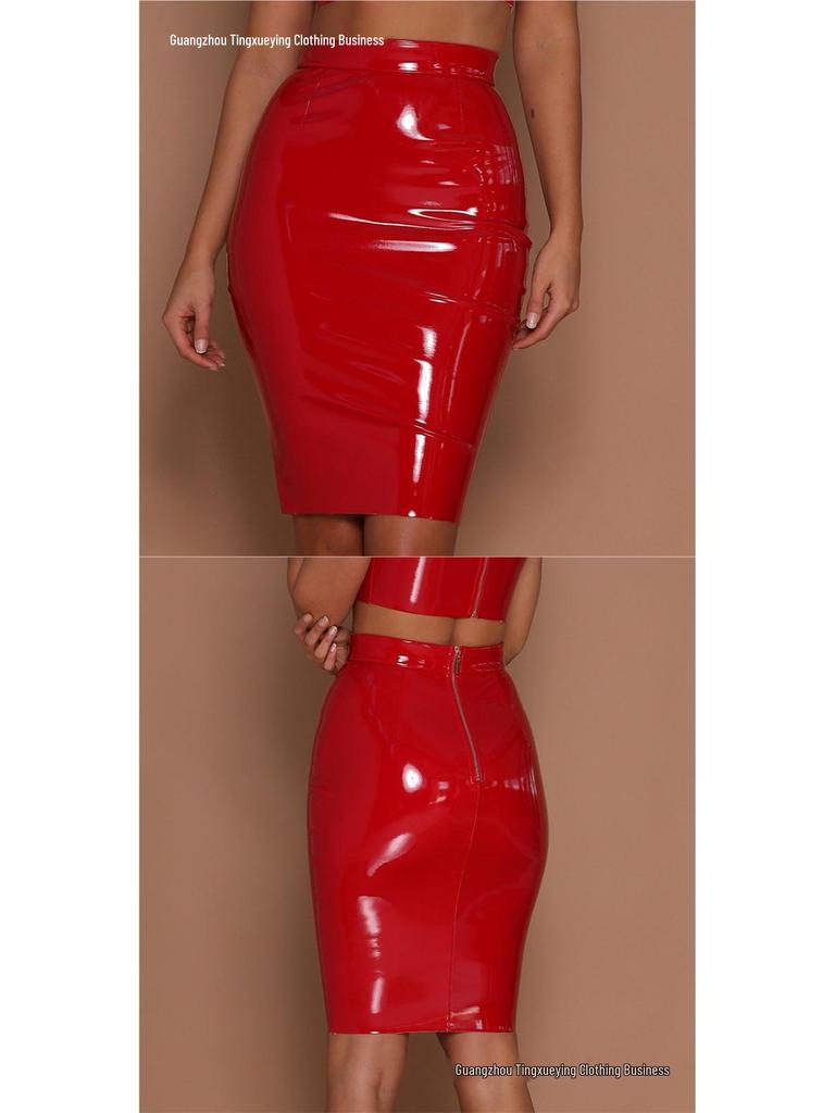 European Style Shiny Leather Hip-Hugging Midi Skirt - Trendy and Waist-Cinching Women’s Fashion Piece