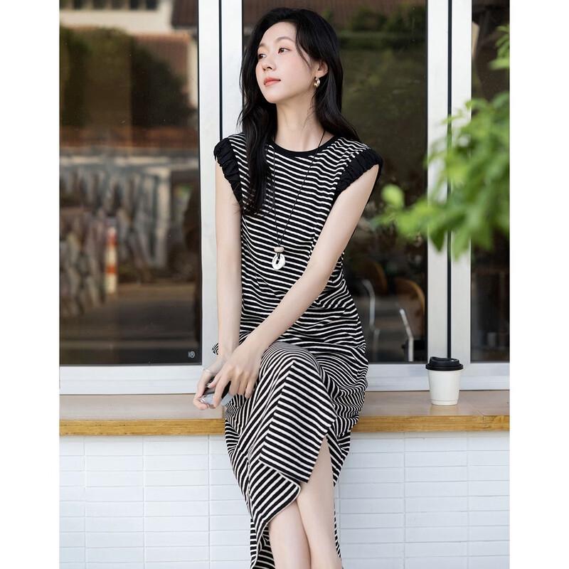 

Women s Retro Stripe Pleated Slit Dress XL