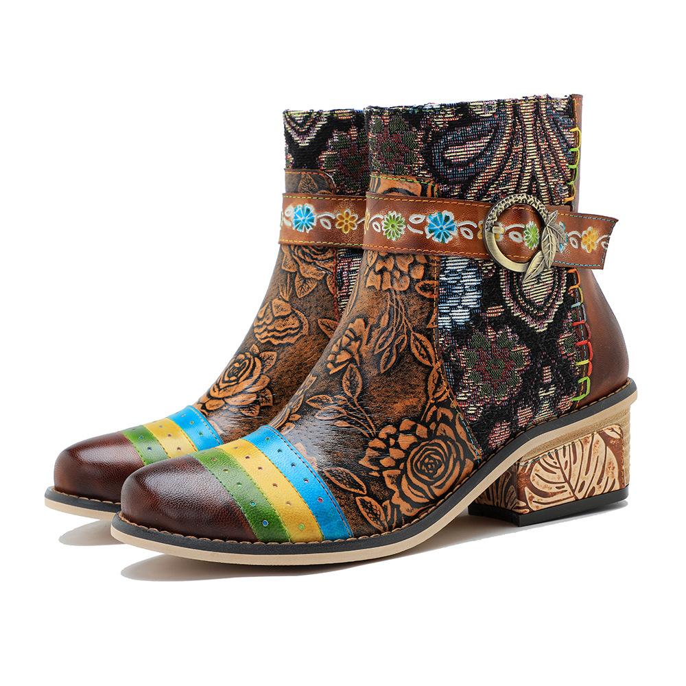 Johnature Handmade Genuine Leather Shoes Printing Contrast Retro Casual Comfort Women's Short Boots