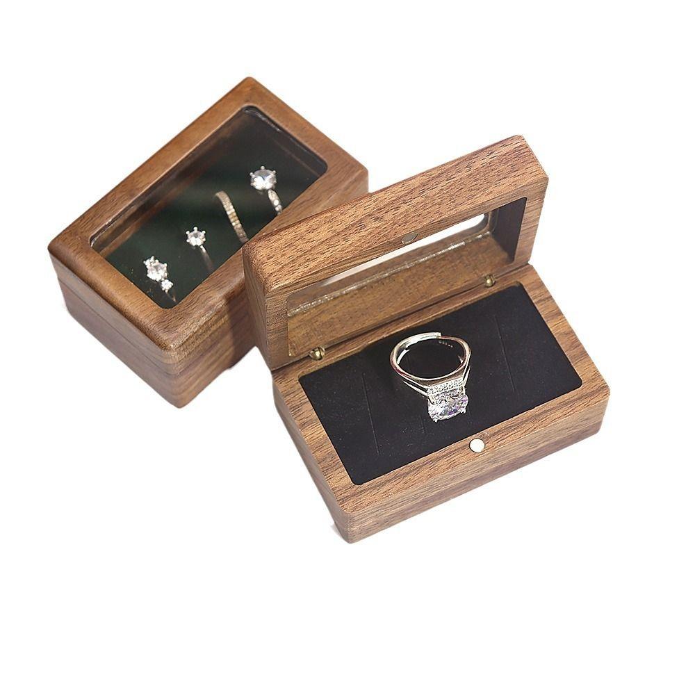 Magnetic Cover Square Rings Holder 4 Slots Jewelry Ring Holder Black Walnut Cufflinks Box  Wedding
