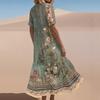 Women's Summer Fashion V-Neck Beach Long Dress Vintage Floral Printed Lace-Up Splicing Dresses