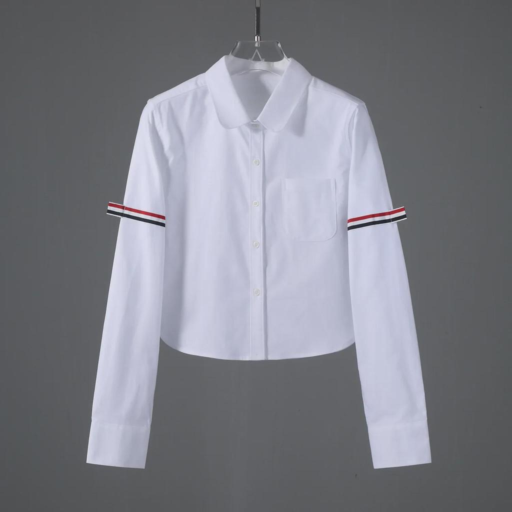 TB JL Haut Court en Tissu Oxford pour Femme - Style Collège, Ventre Découvert, Manches Longues, Chemise Taille Haute