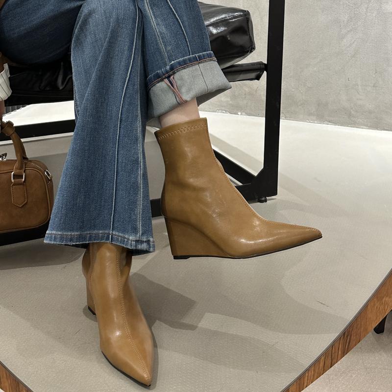 Fashion SUOJIALUN 2025 New Brand Women Short Boots Fashion High Wedge Heel Ladies Elegant Ankle Boots Shoes Outdoor Dress Chelsea Pumps