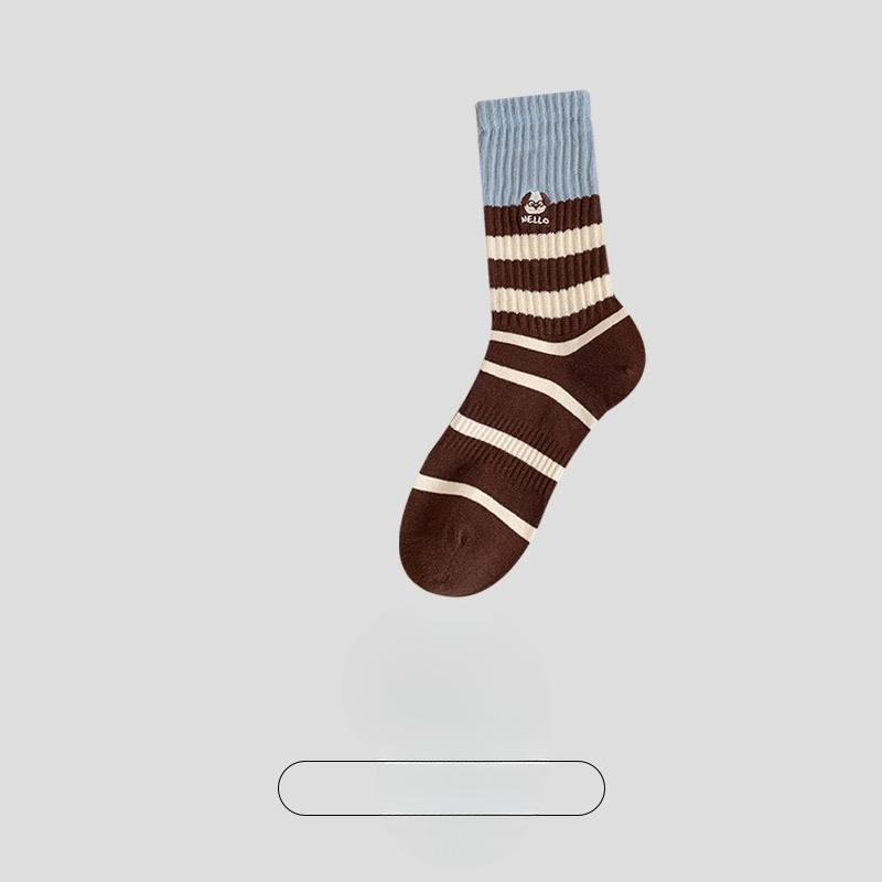 Female Spring and Autumn New Striped Embroidery Dog Breathable in The Tube Cotton Socks